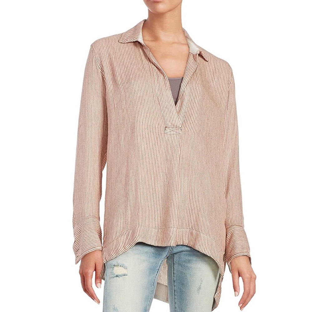 Free People | Hobo Pinstriped Long Sleeve Collared Deep V-Neck Peasant Tunic Top